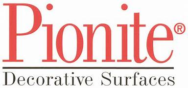 Pionite Logo of pionite featuring the brand name in red with the tagline "decorative surfaces" underneath, highlighted by a thin red line.